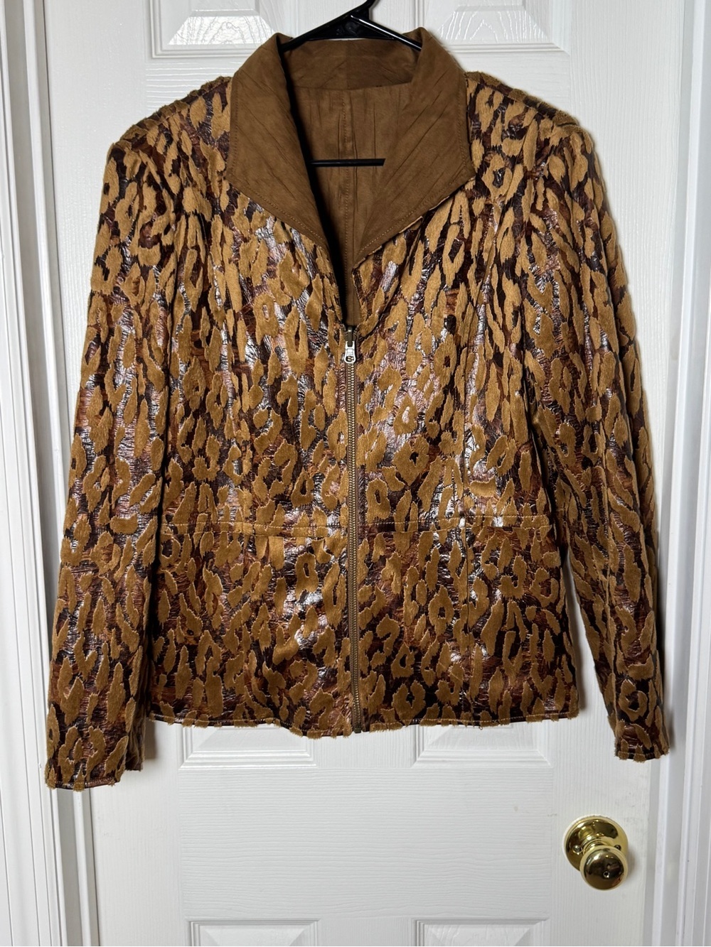 Pamela McCoy Reversible Faux Leather Jacket Leopard Metallic Full Zip Size S
